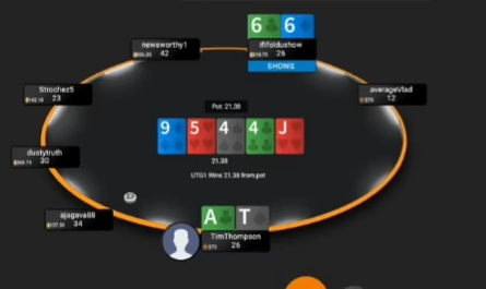A♣T♠와 66이 공개된 9♦–5♥–4♠–4♣–J♥ 쇼다운