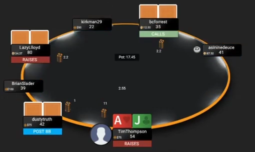 AJo의 11bb 스퀴즈. 앞선 2.2bb 오픈과 콜을 공략한 실제 액션.