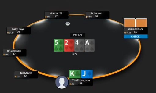 KJo의 5-2-4-A 턴에서 상대 체크를 받은 화면. 3x가 적은 레인지의 베팅과 체크레이즈 위험을 설명한다.