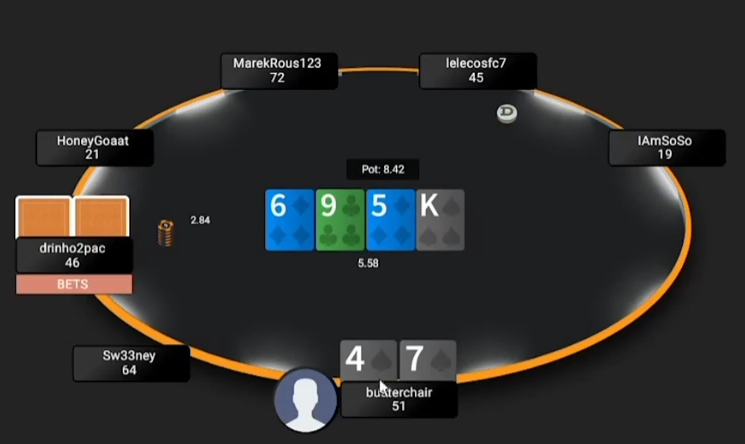 74s 실전: 6-9-5-K 턴에서 상대 베팅