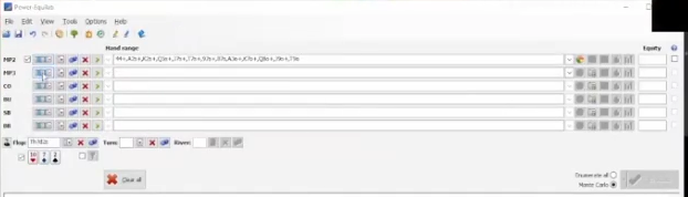 예시 상대 레인지와 T♥-7♦-2♠ 플랍을 입력한 Power Equilab 초기 상태.