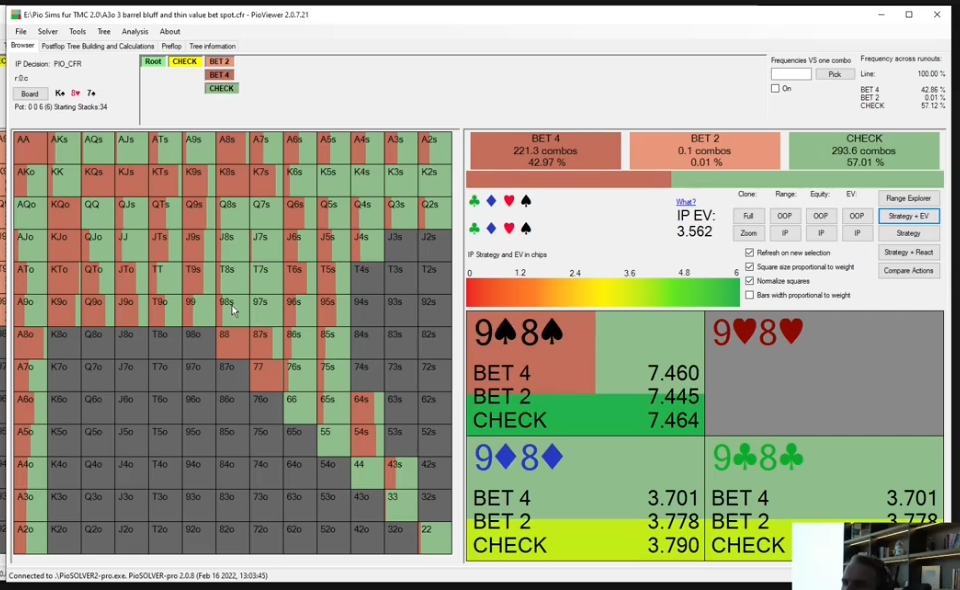 9♦8♦를 포함한 98 수딧의 BET 4·BET 2·CHECK EV 비교.