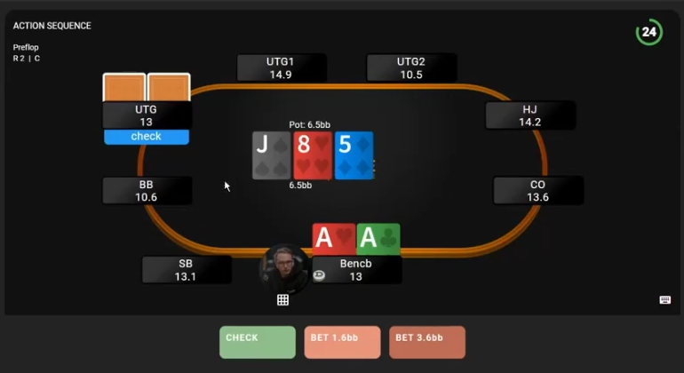 UTG 오픈을 BU에서 콜한 AA 예제: J–8–5 플랍의 IP 선택지.
