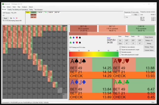 50–60bb 딥 예시의 OOP 플랍 시작 레인지. 현재 상세 선택은 AJ 수딧이다.
