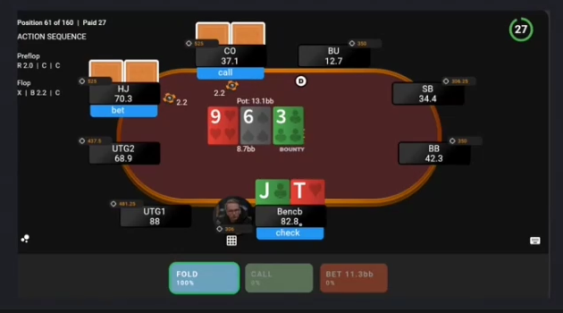 9♥6♠3♣ 보드: UTG 체크, HJ 2.2bb 벳, CO 콜 이후의 트레이너 화면. 선택 핸드는 J♣T♥.