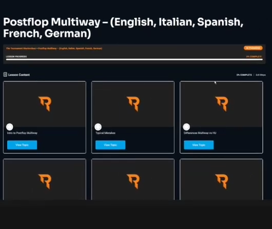 토너먼트 마스터클래스의 Postflop Multiway 섹션과 레슨 목록.