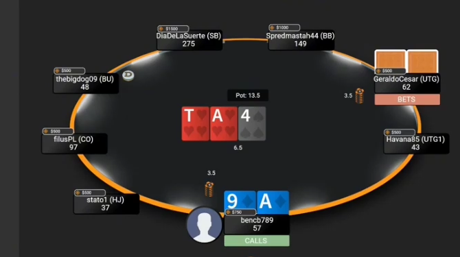 A♦9♦로 상대의 플랍 3.5bb 베팅을 콜한 화면.