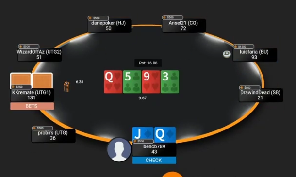 3♣ 턴 · Q♦J♦가 상대의 6.38bb 베팅을 마주한 화면.