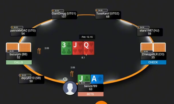 3♣ J♥ Q♥ 플랍 · A♦J♣로 2.03bb 작은 베팅을 한 멀티웨이 팟.