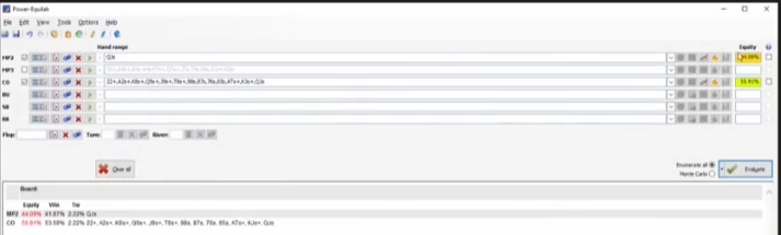 상대 범위를 약 20%로 넓힌 QJs의 에퀴티는 약 44%다. 약 4%p 차이이며 새 플랫 빈도 계산은 아니다.