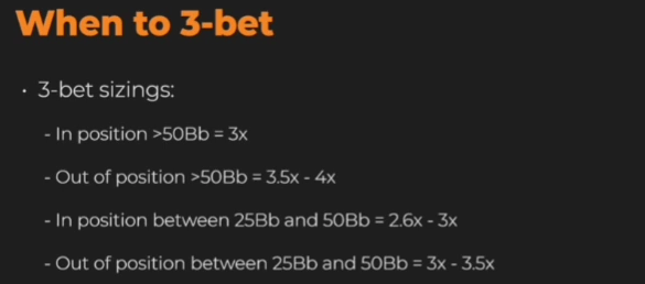원본 사이즈 표. x는 오픈 금액의 배수이며 IP·OOP와 25~50BB·50BB 초과를 구별한다.