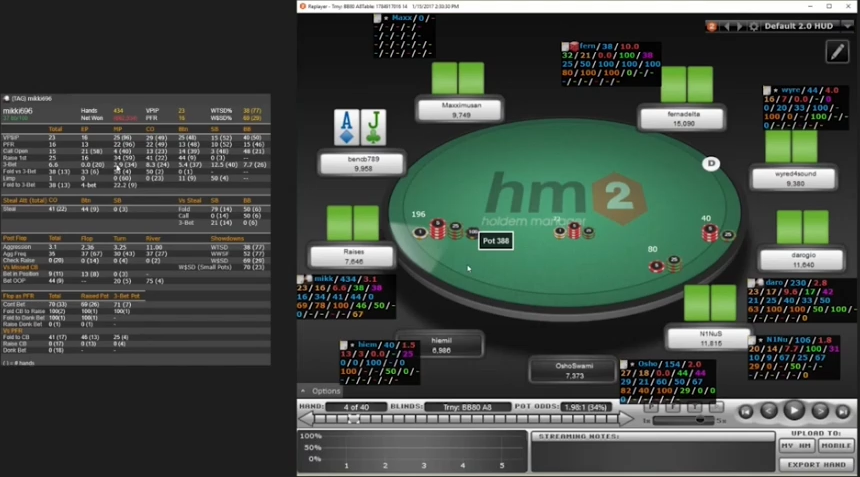 A♦J♣ 사례의 HUD 상세. 전체 400여 핸드와 포지션별 오픈 기회는 다른 표본이며, MP만 튀는 수치를 다른 위치와 비교한다.