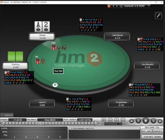 300BB 이상 깊은 BB 대 SB의 A♠2♠. SB 90 오픈에 BB가 240으로 3벳하며 넛 플러시 잠재력과 즉시 폴드 이익을 함께 노린다.