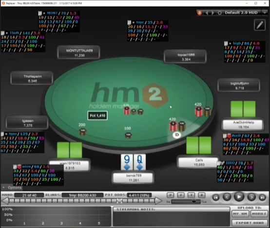 CO 420 오픈·BTN 콜을 상대하는 SB Q♦9♦. 약한 콜 범위와 뒤 BB를 함께 본다.