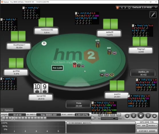 UTG+2 오픈을 상대하는 HJ T♠9♠. 내 약37BB와 유효 약33BB를 자막의30BB 발화와 구별한다.